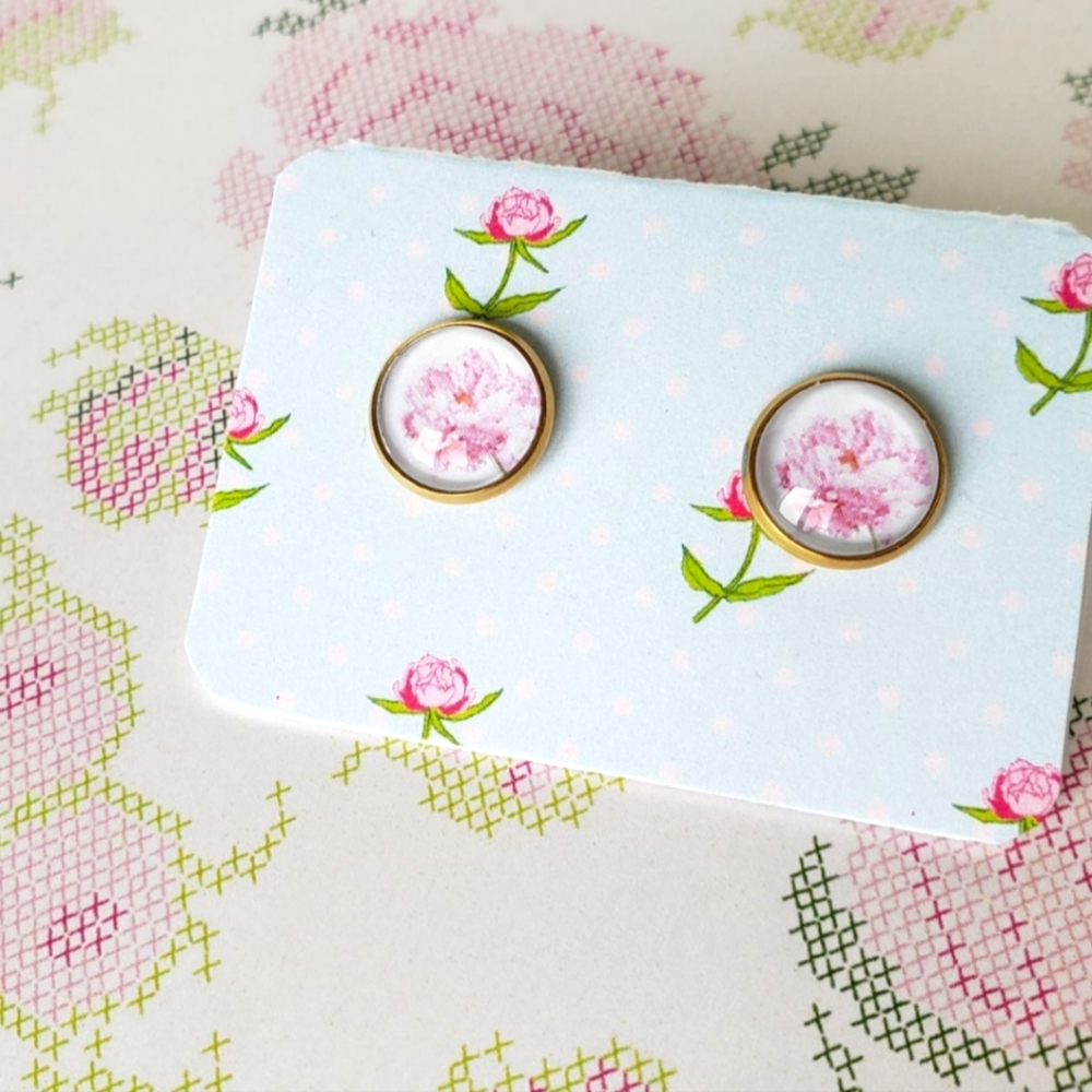 Peony Watercolour cabachon earrings